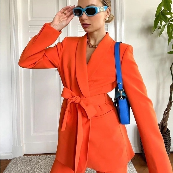 Zara Orange Belted Tuxedo Blazer & Pants Set – Blazer L / Pants XL - Picture 8 of 15
